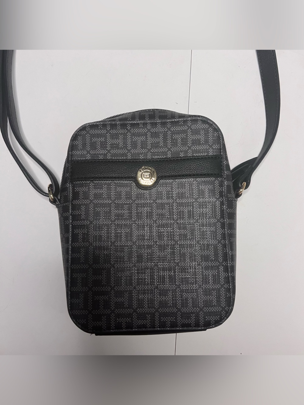 Tommy Hilfiger Black Patterned Crossbody with Gold-Tone Emblem